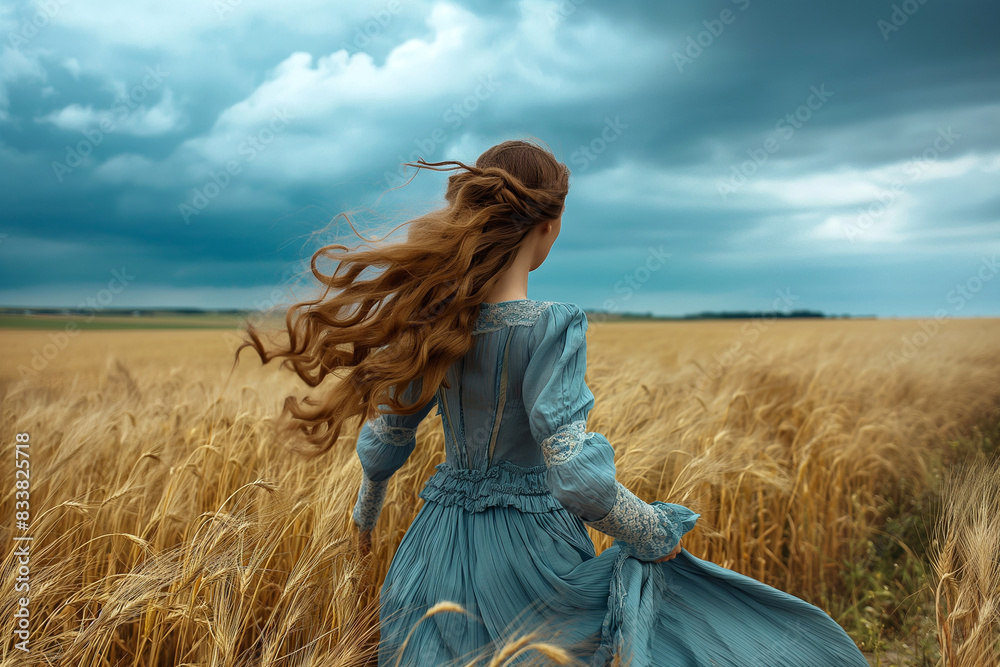 Obraz premium Woman in Historical Dress Standing in Wheat Field