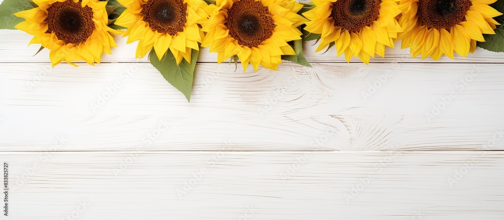 Sunflower flowers on a white wood grain backdrop with copy space image. Sunflower flowers on a white wood grain backdrop with copy space image.