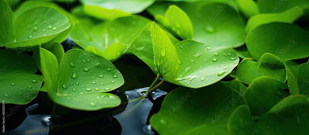 Close-up shot of green water lily leaves in the reeds, with copy space image. Close-up shot of green water lily leaves in the reeds, with copy space image.