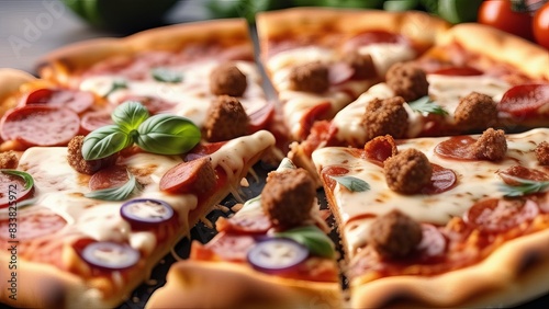 mouth-watering pizza featuring slices of sausage, fresh basil, and melted mozzarella cheese on golden-brown crust. pizza is cut into pieces, showcasing its delicious toppings and perfectly baked base photo