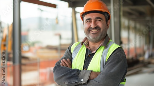 Middle-Aged Turkish Man Smiling at Construction Site, Wearing Safety Gear, Professional Worker, Construction Safety, Diverse Workforce
