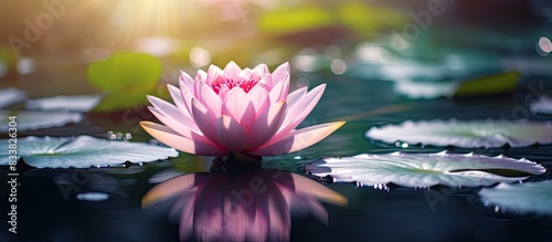 A pink lotus flower in full bloom above the pond  with a close-up view and copy space image.