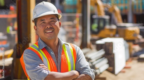 Smiling Filipino Construction Worker in Safety Gear at Busy Construction Site Reflecting Professionalism and Dedication © gn8