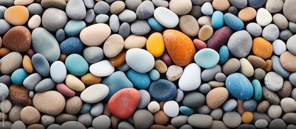 Top view of colorful pebbles on the sandy beach with a textured finish, creating an eye-catching copy space image. Top view of colorful pebbles on the sandy beach with a textured finish, creating an eye-catching copy space image.