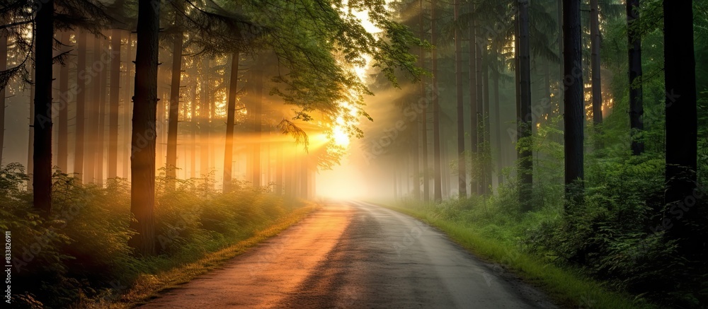 Obraz premium Spectacular sunrise in a lush forest after rain. A scenic country road winds through a stunning foggy forest with a serene ambiance, ideal for a copy space image.