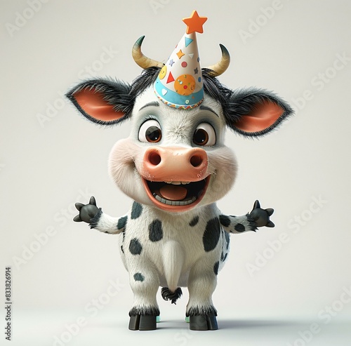 A cartoon cow wearing a birthday hat and smiling. The cow is standing and appears to be happy.