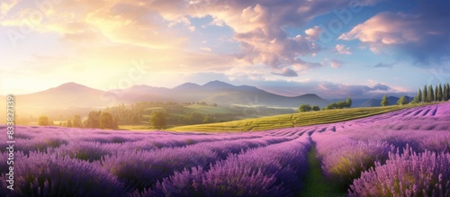 A lavender plantation with blooming lavender bushes, creating a picturesque scene with copy space image.