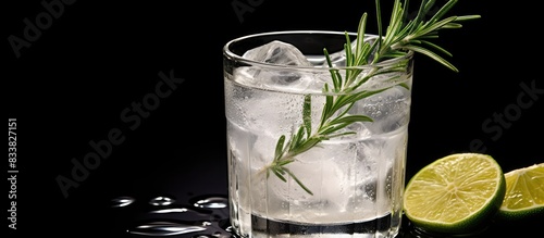 Close-up view of a gin and tonic drink garnished with ice, lime slice, and rosemary, ideal for a copy space image.