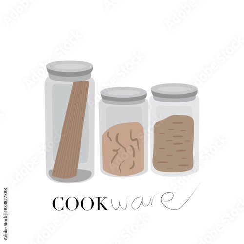 Vector kitchen icon illustration. Kitchen equipment. Kitchen flat cartoon food containers. Flat cookware illustration. Flat container for dry side dishes, pasta, buckwheat and rice