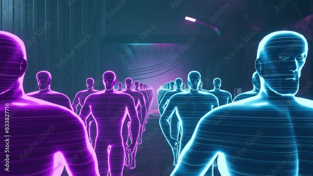 Holograms of People moving through a narrow Corridor. Front view ...
