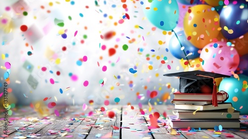 Vibrant and Festive Graduation Background with Colorful Confetti and Balloons. A Stack of Books with Graduation Cap and Diploma on Wooden Surface, Transitioning to Whitespace for Custom Additions