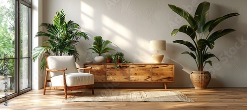 A living room with a white chair and a wooden dresser with plants on it.  photo