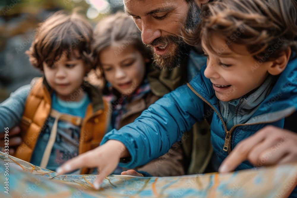 A close-up of a family exploring an amusement park during their vacation. The parents and children are excitedly looking at a map, planning their rides and attractions. This image captures the joy A close-up of a family exploring an amusement park during their vacation. The parents and children are excitedly looking at a map, planning their rides and attractions. This image captures the joy