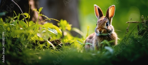 Fototapeta Naklejka Na Ścianę i Meble -  A brown bunny relaxing in the lush meadow with copy space image.