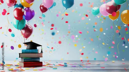 Vibrant and Festive Graduation Background with Colorful Confetti and Balloons. A Stack of Books with Graduation Cap and Diploma on Wooden Surface, Transitioning to Whitespace for Custom Additions