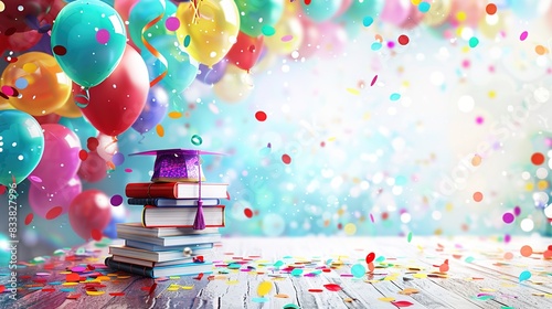 Vibrant and Festive Graduation Background with Colorful Confetti and Balloons. A Stack of Books with Graduation Cap and Diploma on Wooden Surface, Transitioning to Whitespace for Custom Additions