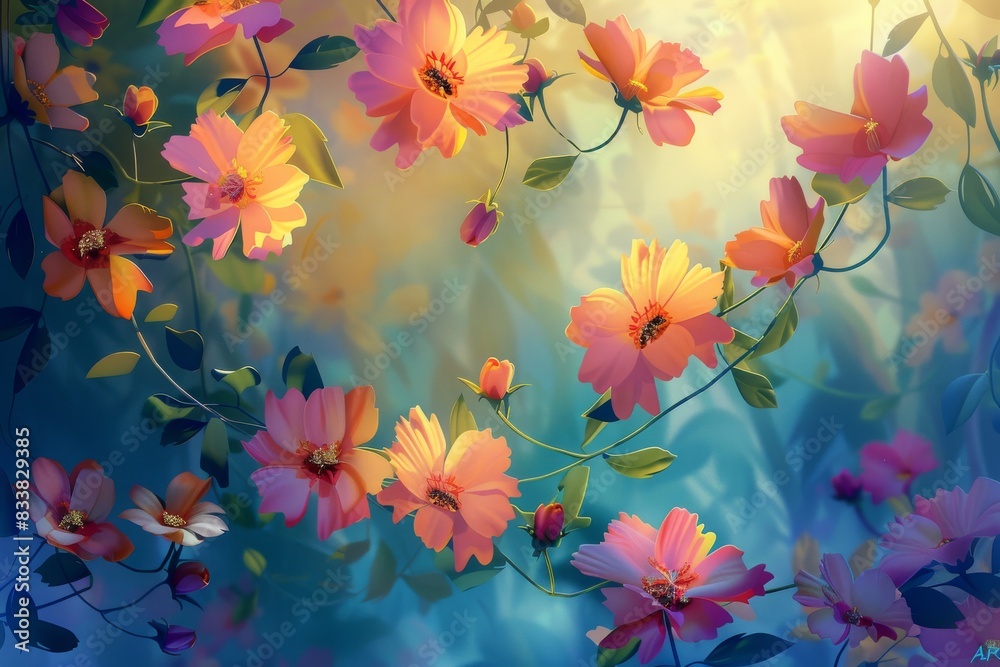 A serene and idyllic atmosphere with blooming flowers A serene and idyllic atmosphere with blooming flowers