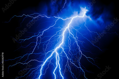 Blue lightning strikes on black background, creating a powerful and dynamic display of natures force.