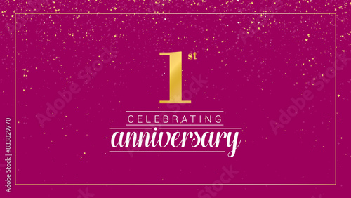 1 year anniversary celebration vector banner template. gold confetti on pink background. 1st anniversary logo with gold color digital banner and has space to write. 