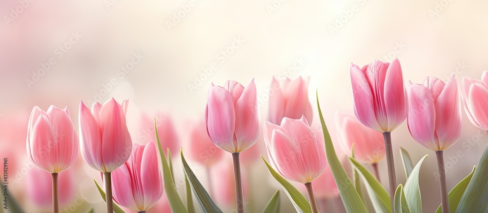 Pink tulips in bloom with textured petal edges against a blurred background, suitable for copy space image.