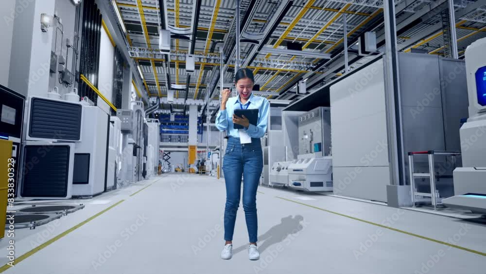 Full Body Of An Asian Female Professional Worker Standing With Her Tablet at Factory Digitalization for Innovative Project, She Raises Her Fist Up With Screaming Goal After Typed On The Tablet Full Body Of An Asian Female Professional Worker Standing With Her Tablet at Factory Digitalization for Innovative Project, She Raises Her Fist Up With Screaming Goal After Typed On The Tablet