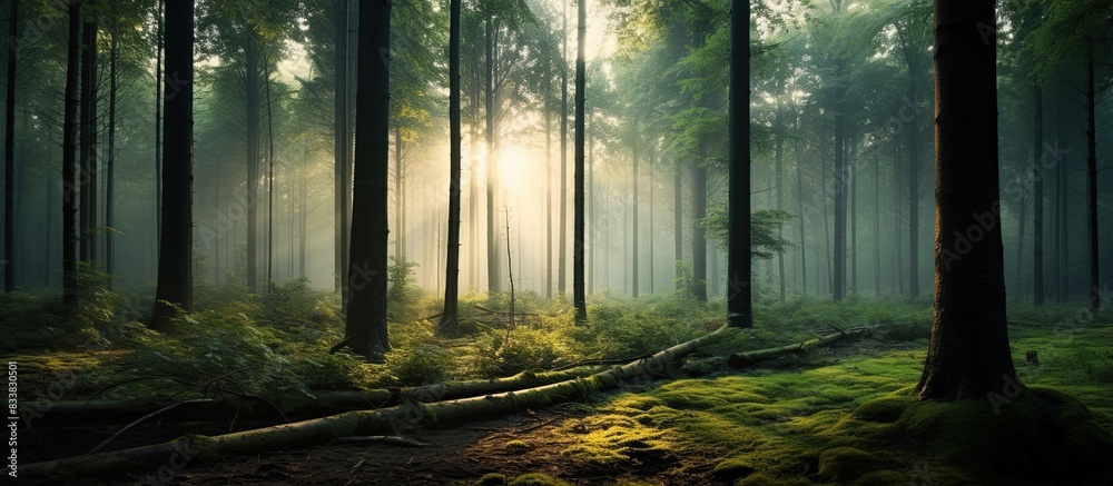 Obraz premium A serene morning atmosphere in the forest depicted in the copy space image.