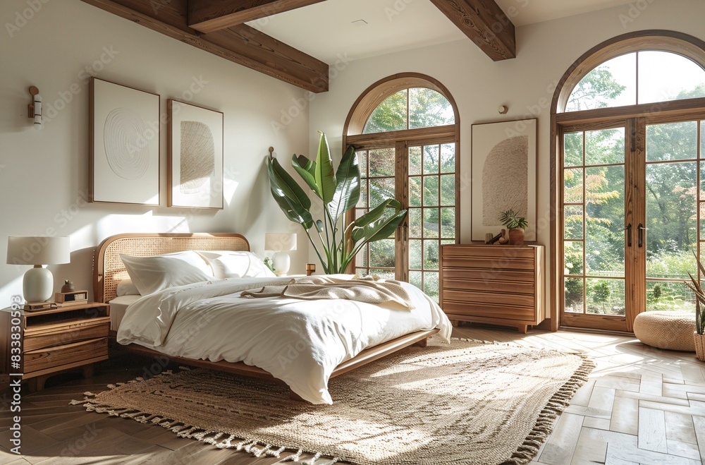 The bedroom features a large bed with a white comforter, a potted plant, and a dresser. The room is well lit and has a cozy atmosphere. The bedroom features a large bed with a white comforter, a potted plant, and a dresser. The room is well lit and has a cozy atmosphere.