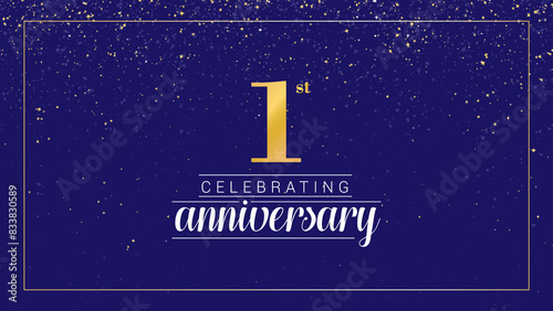1 year anniversary celebration vector banner template. gold confetti on blue background. 1st anniversary logo with gold color digital banner and has space to write. 