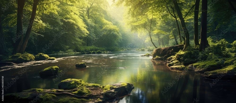 Tranquil forest bathed in soft sunlight, offering a serene landscape for a hopeful future, with a green nature backdrop and a bright future ahead in a soothing environment with a copy space image. Tranquil forest bathed in soft sunlight, offering a serene landscape for a hopeful future, with a green nature backdrop and a bright future ahead in a soothing environment with a copy space image.
