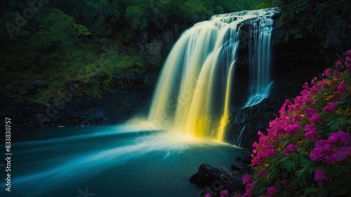 Serene Waterfall Flowing into a Tranquil Pool with Vibrant Pink Flowers in Foreground. Generative AI © Lofi Loft Studio