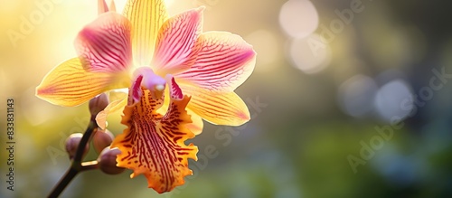 Macro shot of a yellow-pink orchid displaying zen-like beauty in nature with sensitive focus  creating an artistic copy space image.