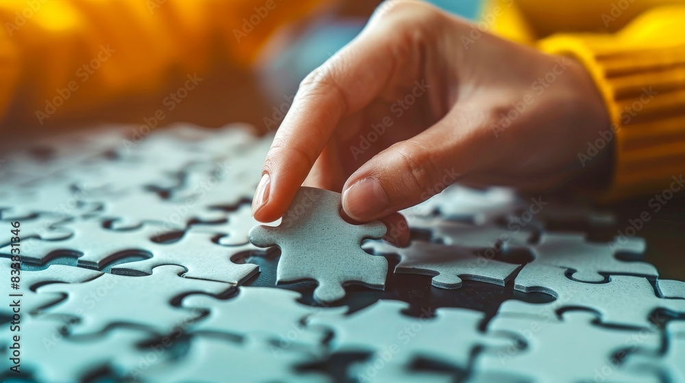 A person fitting a puzzle piece into place, emphasizing concentration, problem-solving, and the satisfaction of completing a task A person fitting a puzzle piece into place, emphasizing concentration, problem-solving, and the satisfaction of completing a task
