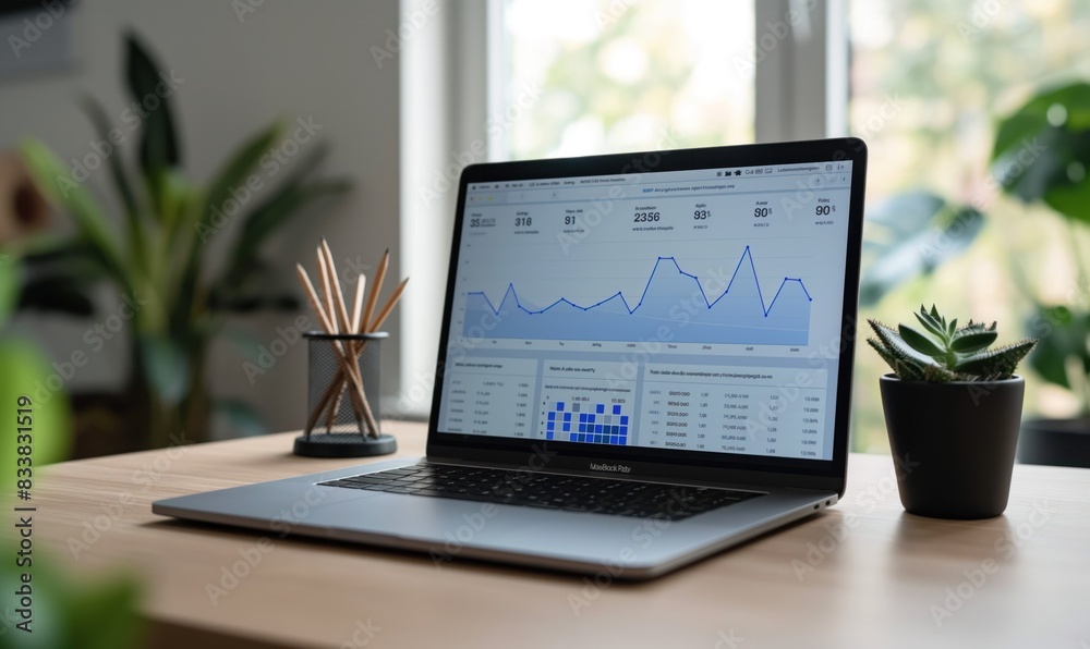 Workspace with Graph Analysis on Laptop Screen. Contemporary Home Office Setup with Data Visualization. Stylish Desk Arrangement with Statistical Data Display. Workspace with Graph Analysis on Laptop Screen. Contemporary Home Office Setup with Data Visualization. Stylish Desk Arrangement with Statistical Data Display.
