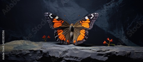 Emperor butterfly rests on granite rock, creating a picturesque copy space image. photo