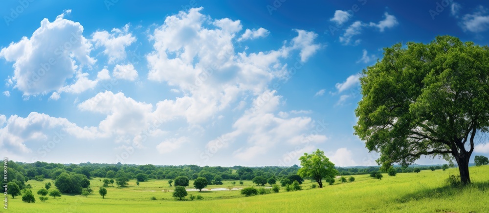 Obraz premium Scenic view of beautiful blue sky, lush green trees, and fresh air with copy space image.