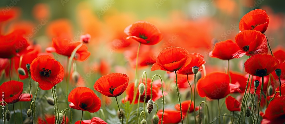 Fototapeta premium Vivid red poppies in full bloom during summer captured in a close-up copy space image.