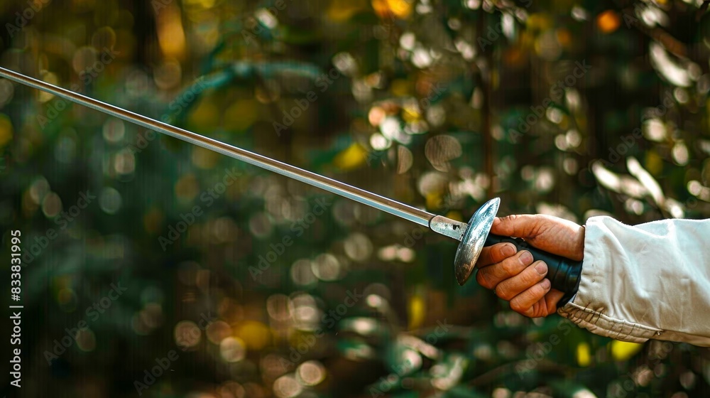 Close-up of a fencer's hand holding a sword in an outdoor setting with blurred forest background, emphasizing action and sport. Close-up of a fencer's hand holding a sword in an outdoor setting with blurred forest background, emphasizing action and sport.