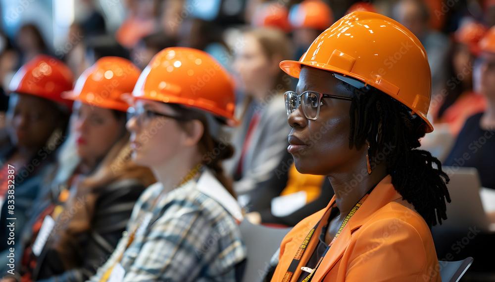 A group of women wearing an orange construction helmet at a meeting. Diversity concept. A group of women wearing an orange construction helmet at a meeting. Diversity concept.