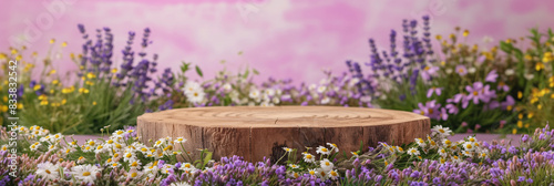A rustic wooden podium encircled by blooming lavender and daisies, creating a serene spring atmosphere for product display Elegant and natural podium with spring flowers stage display mockup