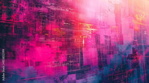 Digital Grid and Glitch Effects, High-tech grid patterns with glitch effects in neon colors, reminiscent of digital disruptions