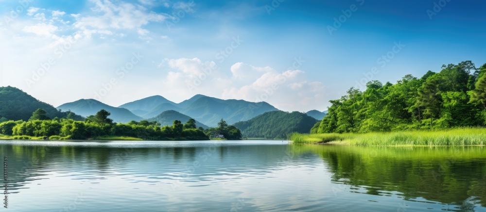 Stock image of a peaceful lake set against a backdrop of lush green mountains with available copy space for text or graphics. Stock image of a peaceful lake set against a backdrop of lush green mountains with available copy space for text or graphics.
