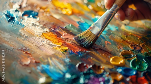 Artist Holding Paintbrush: Illustrate a close-up of an artist's hand holding a paintbrush, with vibrant colors on a palette in the background.