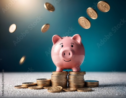 A piggy bank with coins. Save money and become a hero concept. copy space.