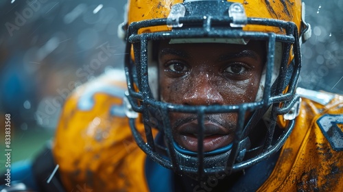 Viewers witness the fervor of American football with a player showcasing commitment and zeal in an electrifying game scenario. The closeup shows the players intensity and dedication