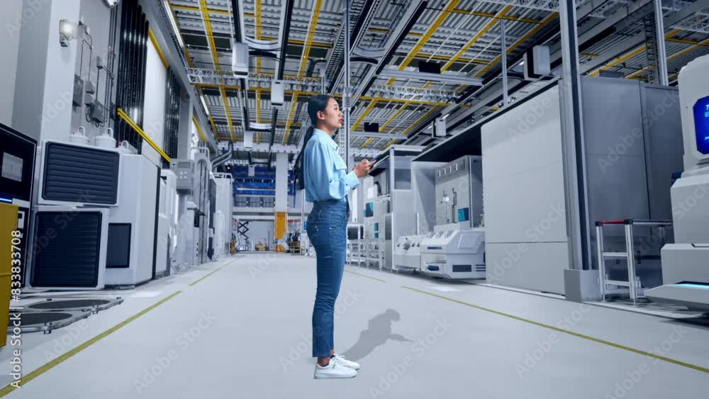 Full Body Side View Of Asian Female Worker Standing With Her Phone at Factory Digitalization for Innovative Project, She Observes By Looking Around Before She Come To Concentrating With Her Smartphone Full Body Side View Of Asian Female Worker Standing With Her Phone at Factory Digitalization for Innovative Project, She Observes By Looking Around Before She Come To Concentrating With Her Smartphone