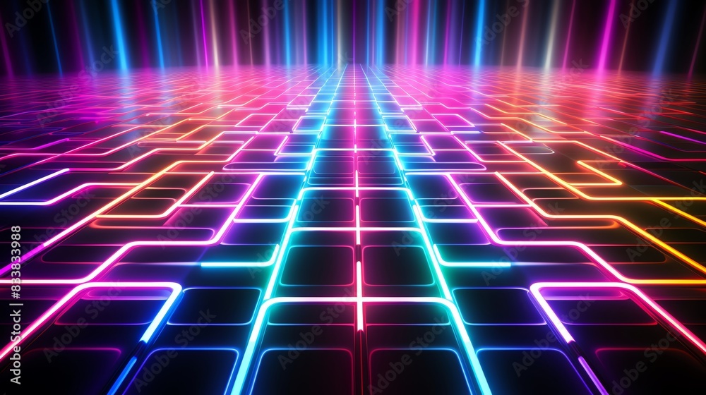 Fototapeta premium Radiant neon lines creating a grid pattern, reminiscent of classic arcade games, suitable for nostalgic or retrothemed graphics