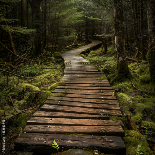 A rustic wooden bridge gracefully arches over a babbling brook  its weathered planks blending harmoniously with the verdant surroundings of the forest.