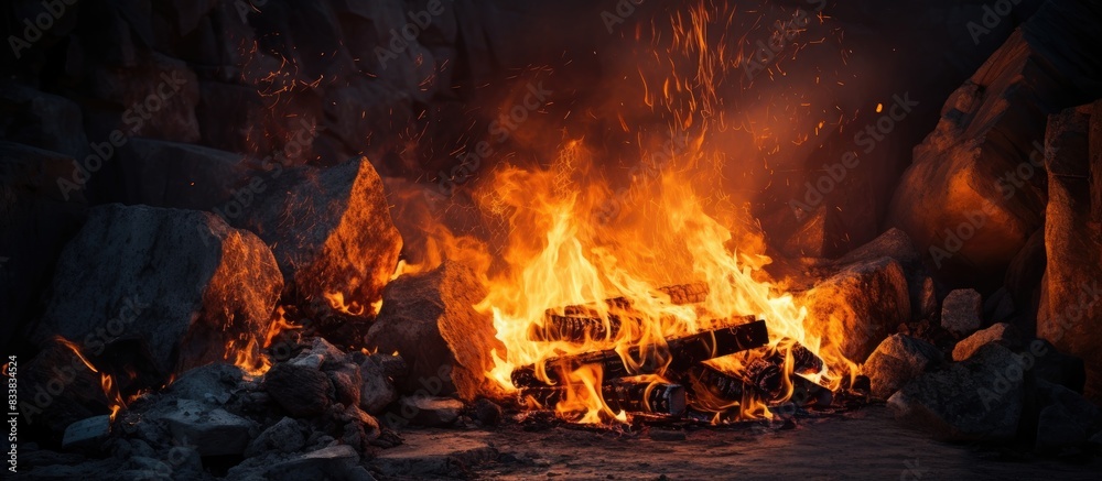 Fire blazing in a rustic stone pit with copy space image. Fire blazing in a rustic stone pit with copy space image.