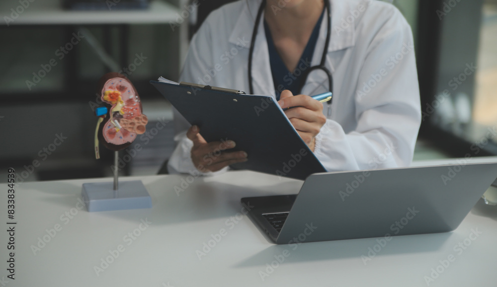 Female doctor explaining to patient results of model the process of patients. Diagnosis of diseases for Model Internal organ. Female doctor explaining to patient results of model the process of patients. Diagnosis of diseases for Model Internal organ.