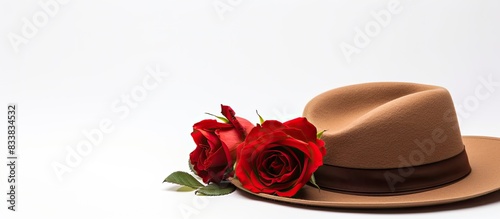Brown hat and red rose disp...